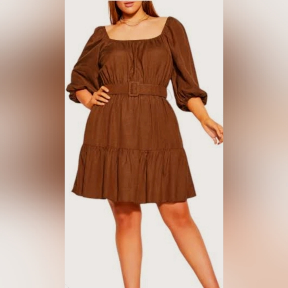 🤠 City Chic Brown Ruffled Smocked Sundress with Belt